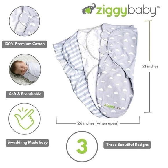 Ziggy Baby Swaddle Blanket Adjustable Velcro 0-3 Months Newborn to Infant 3 pk - Picture 3 of 4